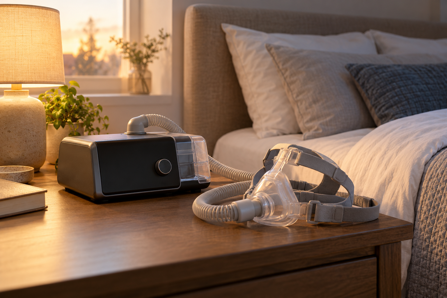 Aparat CPAP z maską stojący na stoliku przy łóżku